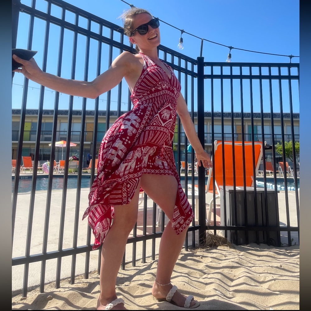 Red & White Elephant High- Low Dress